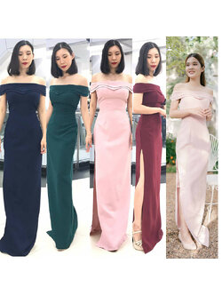 kudapy เดรสยาวสีเขียวเข้ม/สีชมพู/สีแดงเบอร์กันดี/สีกรมท่า อกหัวใจสองชั้น เปิดบ่า ผ้าเครปเกาหลีอัดกาว ทรงเข้ารูป ผ่าสะโพกด้านข้าง อวดเรียวขาsexy