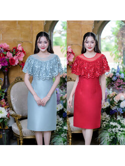 kudapy เดรสสั้นสีแดง/สีฟ้า ผ้าไหมคลุมไหล่เป็นผ้าปักหัวใจปักด้วยเลื่อมโทนสีเดียวกับชุดทำให้ดูวิ้งสวย