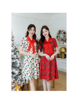kudapy เดรสพิมพ์ลายคริสต์มาส สวยแบบลิมิเต็ด ดีเทลคอโบว์สีแดง เย็บเข้าทรงช่วงเอว ทรงสวย