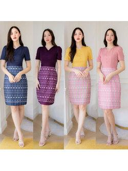 kudapy เดรสสั้นสีชมพู/สีกรม/สีม่วง/สีเหลือง คอวีกระโปรงผ้าไทยลายหัวใจ