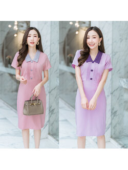 kudapy เดรสสั้นสีชมพู,ม่วง,สีเขียว คอปกจีบอกเนื้อผ้าดีใส่สบาย