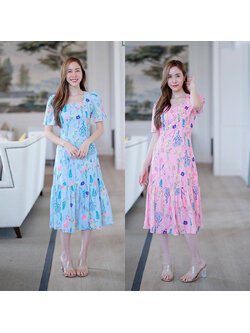 kudapy เดรสสั้นสีชมพู/สีฟ้า คอแคบแขนสั้นลายดอกไม้
