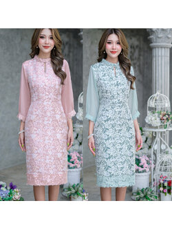 kudapy เดรสสั้นคอจีนแต่งดีเทลโชว์เนื้อเซ็กซี่สีชมพู,สีเขียว แขนยาวสามส่วนชีฟอง ทรงเอ ผ้าทิ้งตัวสวยมากค่ะ