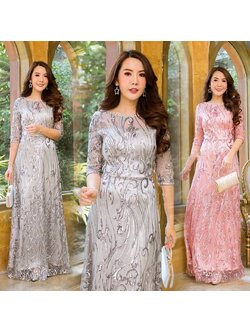 kudapy ชุดราตรียาวปักกริสเตอร์ สีชมพู/สีเทาเงิน เดรสยาว คอกลม แขน 3 ส่วน ใส่ออกงาน ลูกไม้พรีเมี่ยมทอแน่น งานสวยมาก
