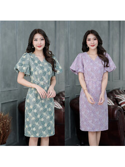kudapy เดรสสั้นสีเขียว/สีม่วง ลูกไม้แขนสั้นบอลลูนเข็มขัดเพชร ผ้าลูกไม้ลายสวยอัดกาว เป็นแขนบอลลูนพองปลายจั้มด้านใน