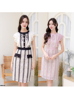 kudapy เดรสสั้นสีชมพู/สีดำ ลูกไม้ลายทางแขนกุดแต่งกระเป๋า