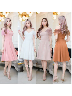kudapy เดรสสั้นสี/สีขาว/สีชมพู/สีน้ำตาล ปาดไหล่กระโปรงบาน มีซับในมีซิปหลัง เเดรสใส่ออกงาน