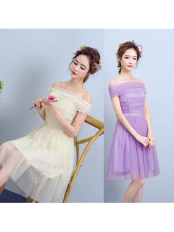 kudapy ชุดเดรสสั้นปาดไหล่ สีม่วง/สีครีม ชุดไปงานแต่ง เดรสเกาะอก ทรงเข้ารูป สม็อคหลังยืดได้ตามตัว