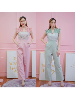kudapy จั๊มสูทขายาวสีชมพู/สีเขียว แขนกุดระบาย ลายกลีบดอกไม้หน้าอกสวยใสดูดีมากๆ