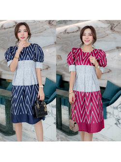 kudapy เดรสสั้นผ้าไทยคอกลมแขนตุ๊กตาสีกรม/สีแดง ผ้าใส่สบาย แต่งกระดุมหน้า จับจีบช่วงเอว มีซิบหลังน้าา