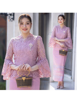 kudapy ชุดออกงาน เสื้อลูกไม้ฝรั่งเศสดอกลอย ผ้าถุง ทอลาย เย็บสำเร็จ