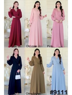 kudapy เดรสยาว/น้ำตาลอมเขียว/ชมพู/โอรส/ฟ้าอมเทา/แดง/ดำ คอวีป้ายเอว ดีเทลจับจีบ แขนยาว เพิ่มเชือกผูกเก็บช่วงเอว ผูกได้หน้า/หลัง