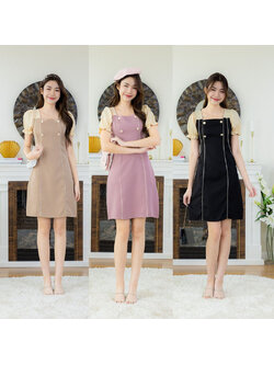 kudapy เดรสสั้นสีดำ/สีชมพู/สีน้ำตาล เข้ารูปกุ๊นเอวแขนครีม แต่งกระดุมหน้า