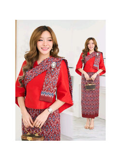 kudapy เซต 3 ชิ้น เสื้อผ้าไหมสีแดง+ผ้าถุงทอลายสีแดง+สไบสีแดงผ้าทอลาย งานสวยตามแบบจร้า ได้ทั้งชุดนพคะรุ่นนี้