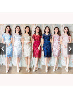 kudapy เดรสลูกไม้ แขนสั้น เอวเย็บด้วยผ้าซาติน ผ้าลูกไม้ปักลายเงาสวยมากค่ะ มีซับในในตัว ผ้าไม่ยืด