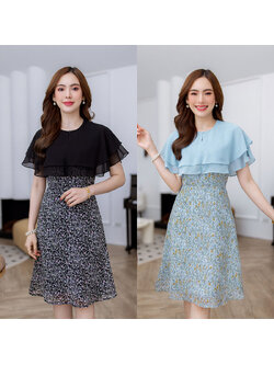 kudapy เดรสสั้นสีฟ้าอมเขีว/สีดำ ชีฟอง ระบายสองชั้น สวยพริ้ว ตัวเดรสเป็นชีฟองลายดอกสวย ตัดกับชีฟองสีพื้น สวยลงตัว