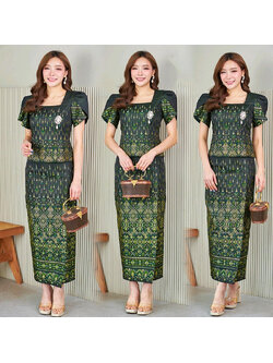 kudapy ชุดเซ็ทโทนสีเขียว เซ็ทช่อแก้วไหมแพรวากาฬสินธุ์+ผ้าถุง เนื้อเบาสบายทำให้ทรงคุณค่างานท้องถิ่นไทย