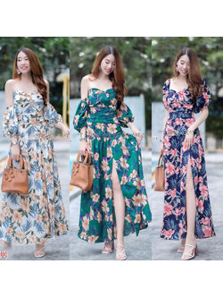 kudapy เดรสยาวสีเขียว/สีกรม/สีขาว ผ้าวูลพีชลายดอกไม้ แขนพองสม็อคยางใส่ขึ้นไหล่ หรือปล่อยลงก็น่ารัก
