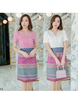 kudapy เดรสสั้นผ้าไทยคอวีตัดเย็บต่อเสื้อผ้าลูกไม้พิมพ์ลาย ทรงเอเข้ารูป งานสวยมากค่ะ