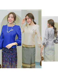 kudapy เสื้อผ้าไหมจิตรลดาสีครีม เทา น้ำเงิน งานแขนบอลลูนแต่งโปบว์ตัวเสื้ออัดกาวทั้งตัว และมีซับในให้ มาพร้อมชิปซ่อนหลังใส่สบาย