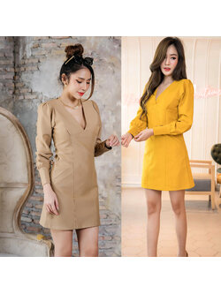 kudapy เดรสสั้นทรงเอคอวีแขนเเต่งกระดุมทองสีน้ำตาล/สีเหลือง ซิปหลัง แขนยาวผ่าข้าง กระเป๋าข้างใช้งานได้จริง เรียบแต่ดูเเพง น่ารักมาก ผ้ายืดหนา ยืดหยุ่นตามสัดส่วน