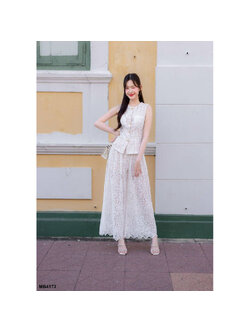 kudapy ชุดเซ็ทเสื้อแขนกุด+กระโปรงลูกไม้สีขาว ใส่สบายสวยดูดี