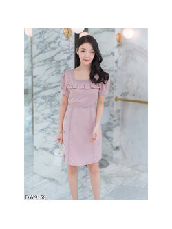 kudapy เดรสสั้นสีชมพู/สีเขียว/สีกรม คอเหลี่ยมระบาย