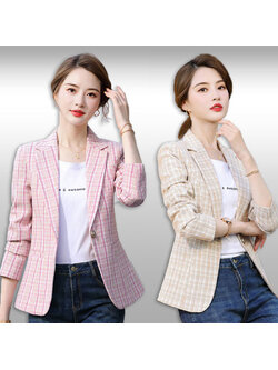 kudapy เสื้อสูทแฟชั่นแขนยาว สีชพู/สีครีมเบจ ดีไซน์เก๋ใช้ผ้าทอลายทั้งชุด