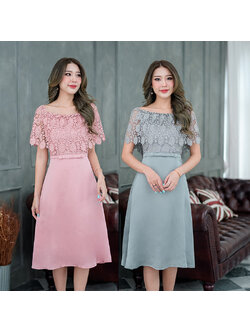 kudapy เดรสสั้นสีชมพู/สีเทา ลูกไม้คลุมไหล่ งานสวยหวานผ้าลูกไม้เนื้อดี ช่วงไหล่เป็นงานยางยืด สามารถใส่เกาะไหล่เป็นเสื้อทรงปกติ