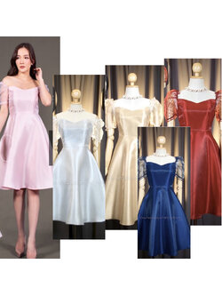 kudapy เดรสสั้นสีกรม/สีชมพู/สีแดง/สีทอง/สีเทา แต่งแขนผ้าแก้วตุ๊กตา รุ่นขายดี บ่ายางยืดใส่ได้ 2 สไตล์ เปิดบ่า/ปิดบ่า อกทรงหัวใจหวานๆ ลุคคุณหนู