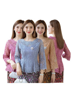 kudapy เสื้อลูกไม้ฝรั่งเศษสีน้ำตาลทอง,สีชมพูม่วง,สีฟ้าเทา ดีเทลคอกลม ด้านหลังยาว แขนกระดิ่งยาวสามส่วน