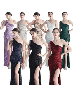 kudapy ชุดราตรียาวผ้ากริสเตอร์ เดรสยาวไหล่เดี่ยวเฉียงข้าง แต่งเพชร สีขาว,สีเทาเงิน,ชมพูโรสโกลด์,สีม่วง,น้ำเงินกรม,เขียวเข้ม,สีแดงเบอร์กันดี,สีดำ