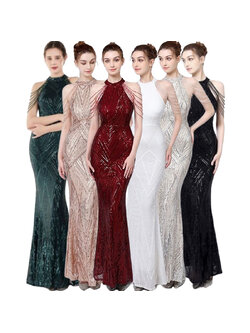 kudapy เดรสยาวสีเทาเงิน/สีขาว/สีแดง/สีชมพูโรสโกลด์ ออกงาน ไหล่ประดับสร้อย ผ้าปักเลื่อมทั้งตัว เนื้อผ้าสปริงตัวเข้ารูปสวย เรียบหรู