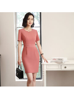 kudapy ชุดเดรส สีชมพู ชุดเดรสทำงาน คอวี แขนสั้น มีกระเป๋าข้าง ทรงเรียบหรู เนื้อผ้าโพลีเอสเตอร์ + คอนตอน เนื้อดี