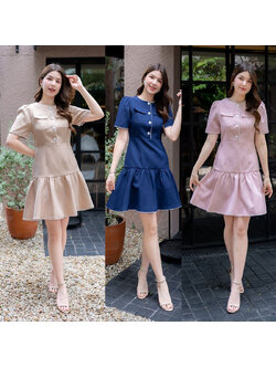 kudapy เดรสสั้นสีกรม/สีครีม/สีชมพู พยาบาลชายระบายสีพื้นแต่งกระดุม4ชิ้น