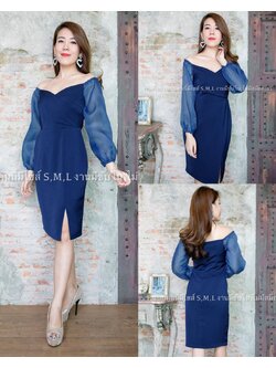 kudapy ชุดราตรีสั้นเดรสปาดใหล่แขนยาวสีกรมท่า ,แดง ,แดงเลือดหมู ,เทา ผ้าออแกนดี้ กปสั้น ฮานาโกะ