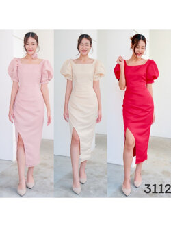 kudapy เดรสขอเหลี่ยม แขนพอง ตุ๊กตา จับจีบเอว-สะโพก กระโปรงทรงสอบ เก็บทรง ดีเทลกระโปรงป้ายผ่าข้าง