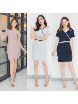 kudapy เดรสสั้นสีชมพู/สีกรม/สีเทา ดีไซน์แต่งกุ๊น เน้นเข้ารูปช่วยให้ดูผอมเพรียว สีผ้ากุ๊นและเนื้อผ้าตัดกันตามตำแหน่งไหล่และเอวอย่างลงตัว