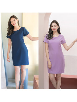 kudapy ชุดเดรสคอกลมแขนสั้นสีม่วง/สีกรมท่า ทรงเรียบ คลาสสิก ไม่มีเกล็ด รีดง่ายใส่สบาย ซับในทั้งตัว