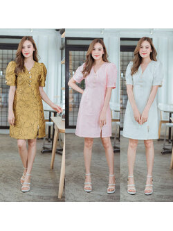 kudapy เดรสสั้นสีขาว/สีเหลือง/สีชมพู ผ่าหน้ากระดุมมุก สวยใส่สบาย