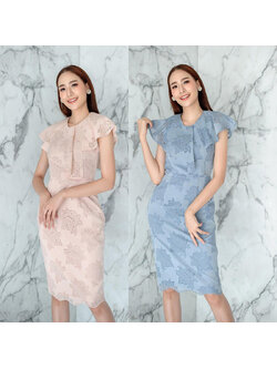 kudapy เดรสสั้นสีชมพูพีช และสีฟ้าน้ำทะเล ผ้าลูกไม้เนื้อนิ่มไม่ร้อน คอกลม แต่งปกใหญ่ระบายเป็นเลเยอร์ สวยหวาน เก๋ กระโปรงเข้ารูปทรงสอบ