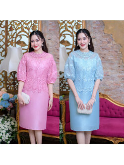 kudapy เดรสสั้นสีฟ้า/ชมพู ผ้าไหม ด้านบนเป็นงานผ้าลูกไม้คอกลมแต่งคอ ทรงแขนพองบอลลูนสั้น งานลูกไม้ปักคัดเกรดสวย