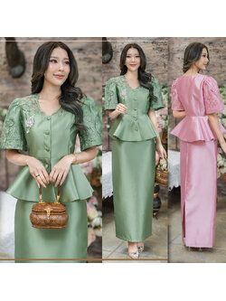 kudapy ชุดเซ็ทเสื้อ+กระโปรงทรงสอบผ่าหลังวีเขียว/สีชมพู อัดกาวทั้งเสื้อและกระโปรง ตัวเสื้อแต่งกระดุมหน้าใช้ได้จริง แขนเป็นทรงเจ้าหญิงอลังการ