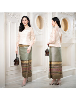 kudapy ชุดเซทสีทอง เสื้อแขนลูกไม้+ผ้าถุงผ้าไหมทอลาย