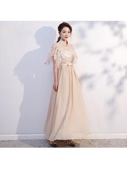 kudapy เดรสราตรียาวออกงานสีครีมกาแฟ คอจีนแขนคลุมไหล่