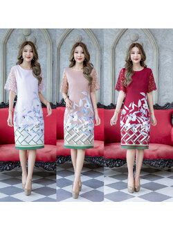 kudapy เดรสสั้นสีชมพูอ่อน/สีน้ำตาล/แดงเลือดหมู ผ้าพิมพ์ ดีเทลช่วงแขนเป็นงานผ้าลูกไม้ทอลายเนื้อดี