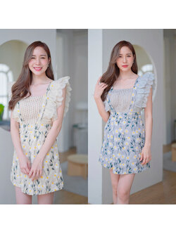 kudapy เดรสสั้นสีครีม/สีเทา แขนระบายกระโปรงผ้าทอ