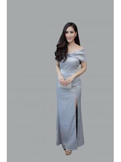 Set 2 ชิ้น เสื้อเปิดไหล่สีเทา+กระโปรงยาวทรงหางปลา ตัวเสื้อใช้ผ้าวาเลนติโน่ผสมซิมเมอร์สีพื้นเกรดพรีเมี่ยม