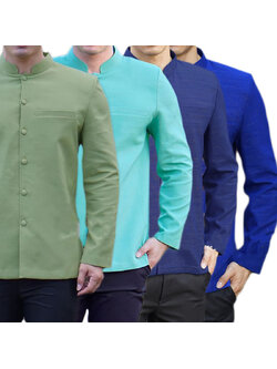 kudapy เสื้อผ้าไหมคอพระราชทานแขนยาว สีเขียวแก่,สีเขียวพาสเทล,สีน้ำเงิน,สีกรม เสื้อผ้าไทยผู้ชาย คอพระราชทาน ผ่าหน้า แขนสั้น มีกระเป๋าด้านซ้ายบน (อัดผ้ากาว มีฟองน้ำเสริมไหล่)