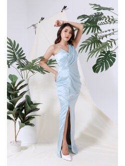 kudapy เดรสยาวใส่ออกงานสีฟ้า ไปงานแต่งงาน สายเดี่ยว เอวจีบข้าง แนวเรียบหรู สวยดูดี ใส่ไปงานแต่งงาน ชุดออกงาน ชุดราตรี